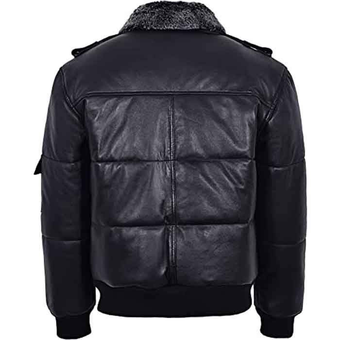 Men’s Black Hair-On Collar Puffer Bomber | Rugged Stealth Luxury | Full Grain Apparel