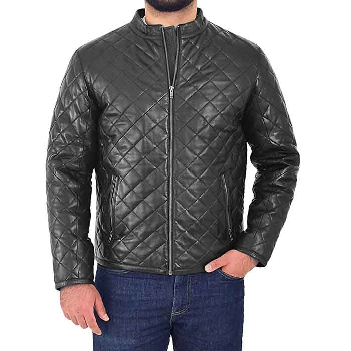 Men’s Black Leather Puffer Jacket | Padded Zip & Stand-Up Collar | Full Grain Apparel