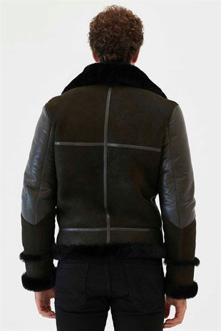 Chaqueta Aviador de Borrego Verde Oscuro y Negra para Hombre | Prendas de Cuero Plena Flor