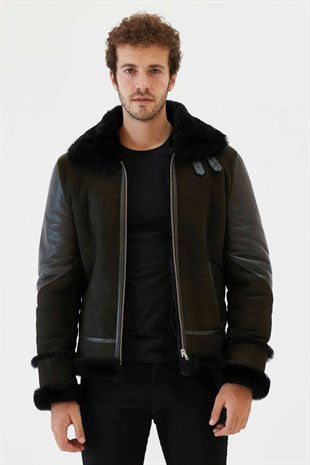 Men’s Aviator Dark Green & Black Shearling Jacket | Full Grain Apparel