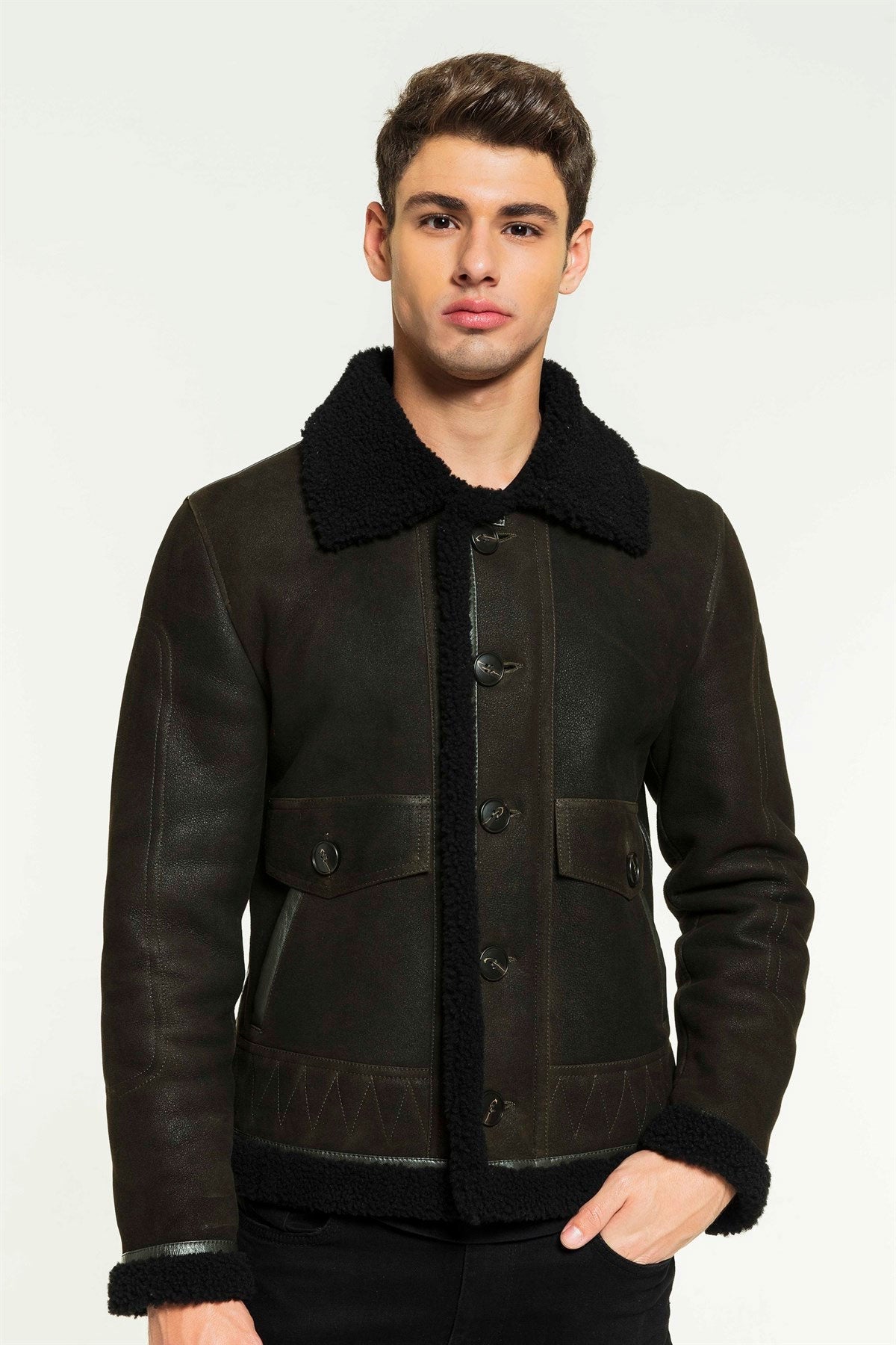 Men’s Aviator Dark Green & Black Shearling Jacket | Full Grain Apparel