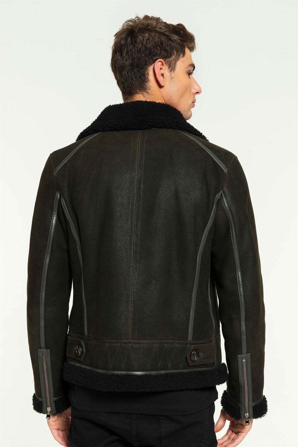 Chaqueta de aviador de borreguillo verde oscuro y negro para hombre | Full Grain Apparel