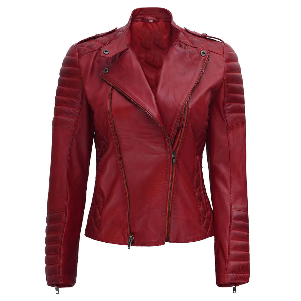 Women’s "Ruby Racer" Leather Motorcycle Jacket | Premium Red Cowhide Moto Biker Coat | Full Grain Apparel
