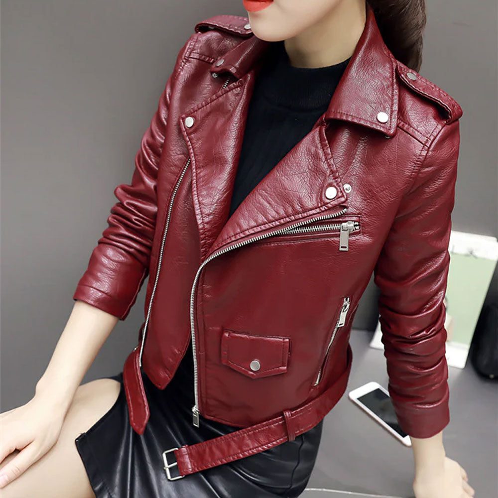 Women’s "Crimson Rebel" Leather Biker Jacket | Premium Red Lambskin Moto Coat | Full Grain Apparel