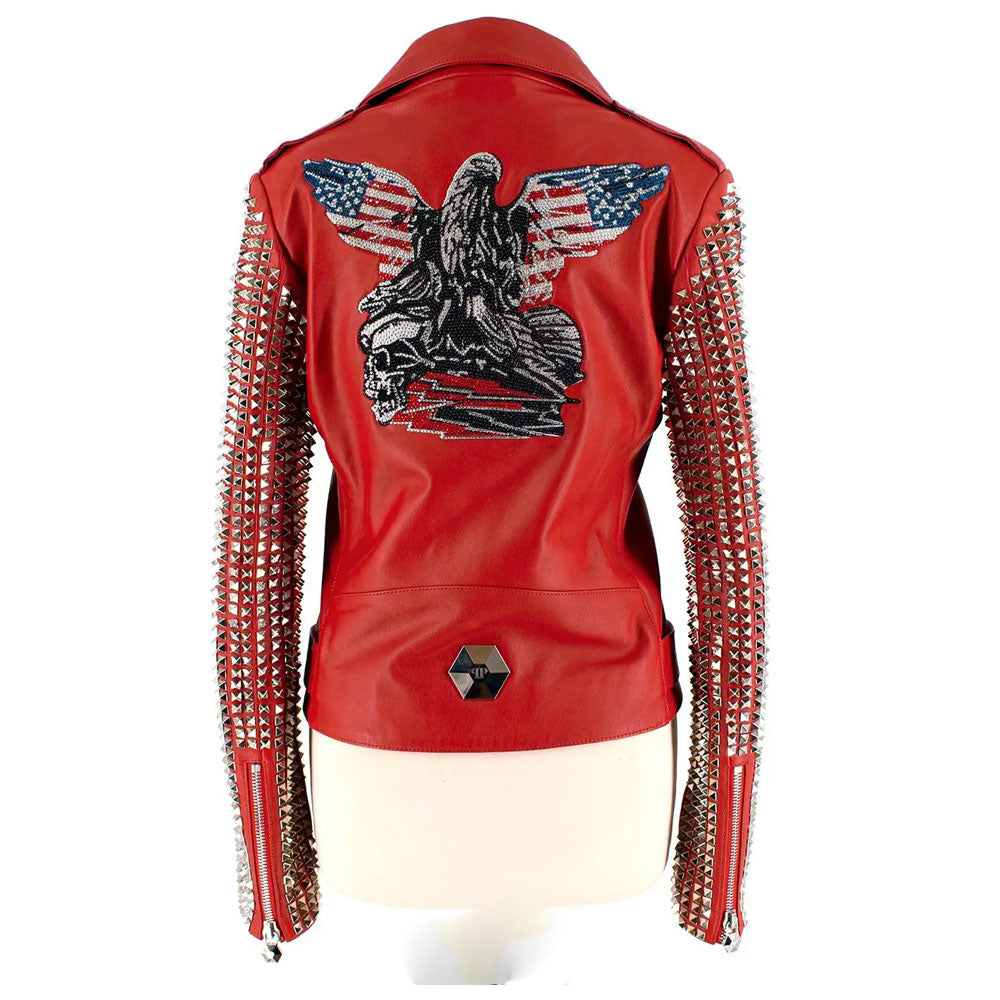 Women’s "Ruby Riot" Studded Fashion Motorcycle Jacket | Hand-Riveted Red Leather Biker Coat | Full Grain Apparel