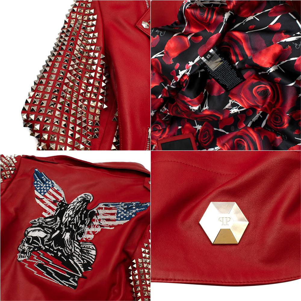 Women’s "Ruby Riot" Studded Fashion Motorcycle Jacket | Hand-Riveted Red Leather Biker Coat | Full Grain Apparel