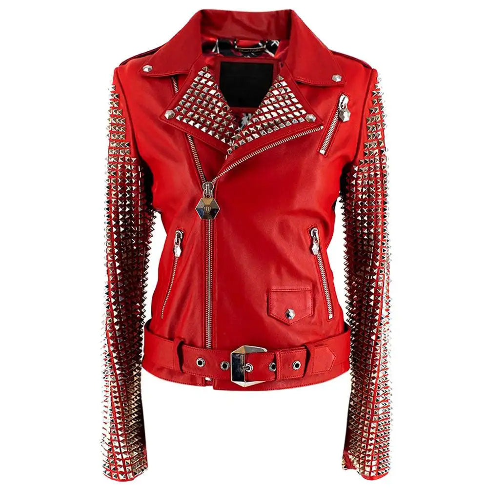 Women’s "Ruby Riot" Studded Fashion Motorcycle Jacket | Hand-Riveted Red Leather Biker Coat | Full Grain Apparel