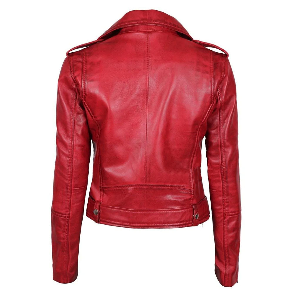 Women’s "Scarlet Edge" Stylish Red Leather Biker Jacket | Slim-Fit Genuine Lambskin Moto Coat | Full Grain Apparel
