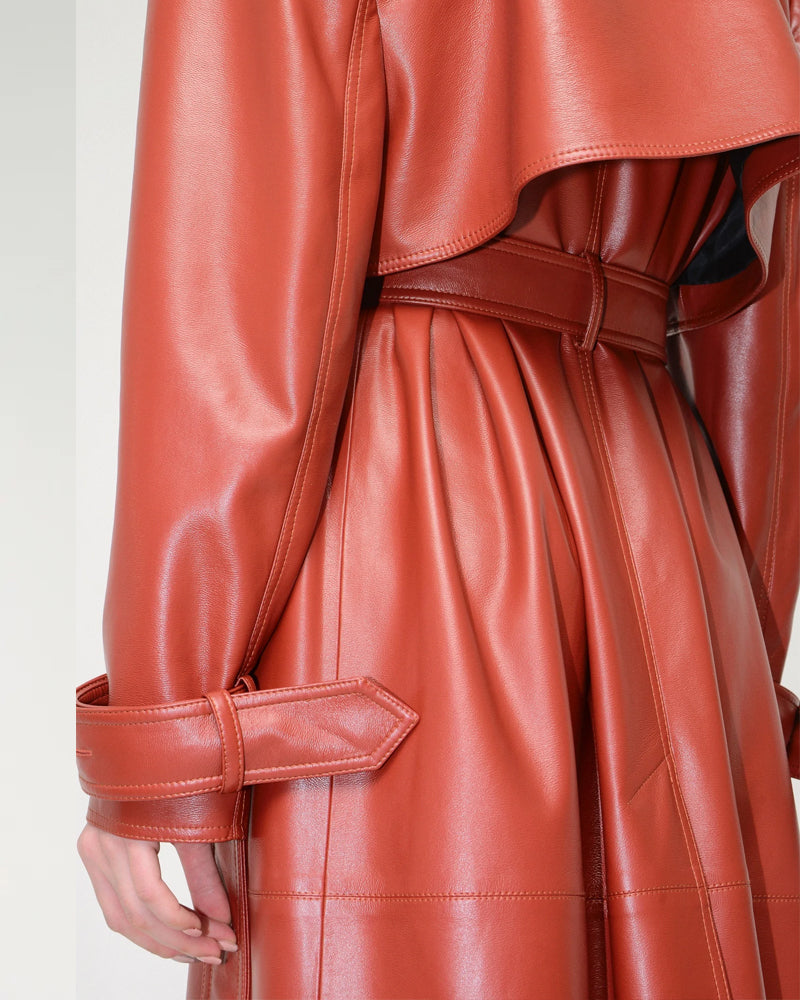 Women’s Red Lambskin Leather Trench Coat | Luxury Statement Outerwear | Full Grain Apparel