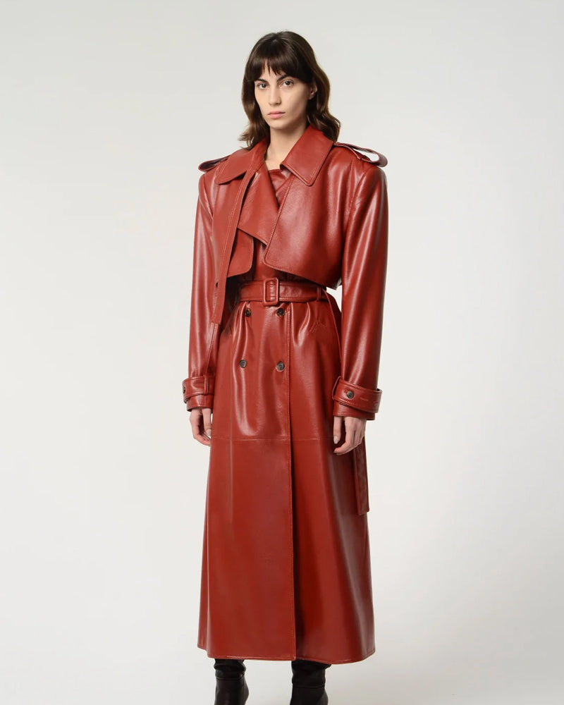 Women’s Red Lambskin Leather Trench Coat | Luxury Statement Outerwear | Full Grain Apparel