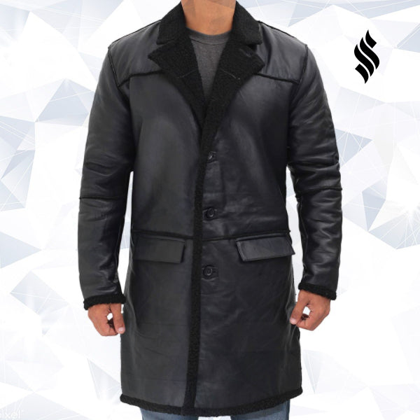 Men’s Rockville Black Winter Shearling Leather Trench Coat | Rugged Arctic Sophistication | Full Grain Apparel