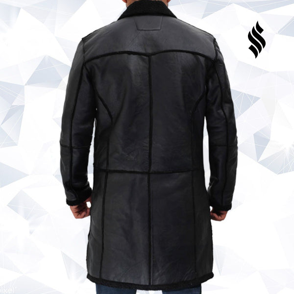 Men’s Rockville Black Winter Shearling Leather Trench Coat | Rugged Arctic Sophistication | Full Grain Apparel