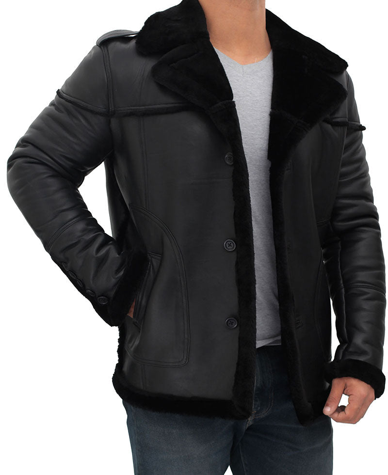 Men’s Black Shearling Leather Winter Jacket | Full Grain Apparel