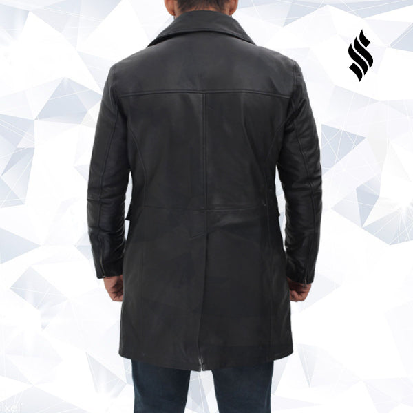 Men’s Shelby Four-Pocket Black Leather Trench Coat | Rugged Industrial Edge | Full Grain Apparel