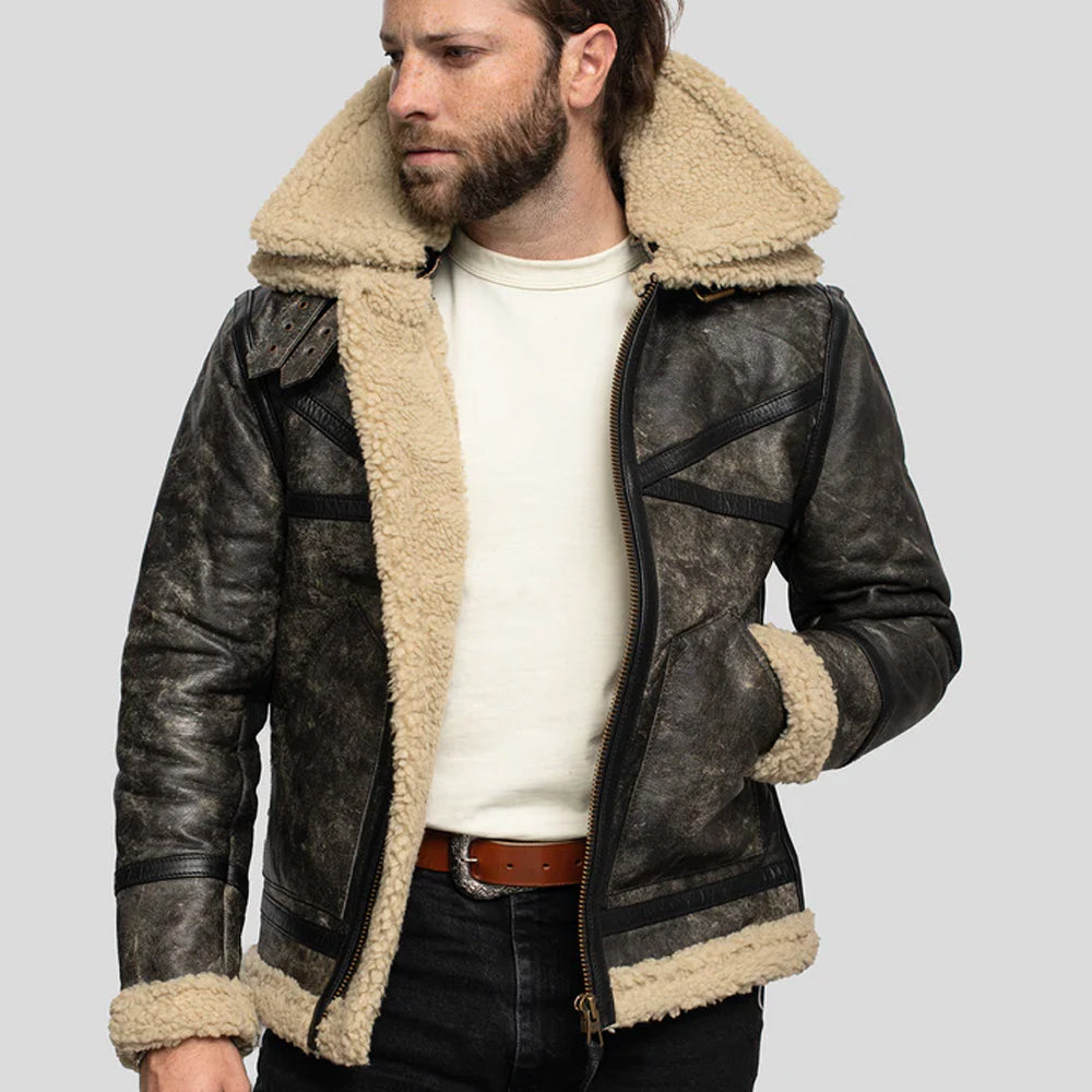 B3 "Canyon-Ridge" para hombre | Piel de oveja marrón clásica | Cazadora auténtica forrada de sherpa de doble cara | Prenda de piel de plena flor