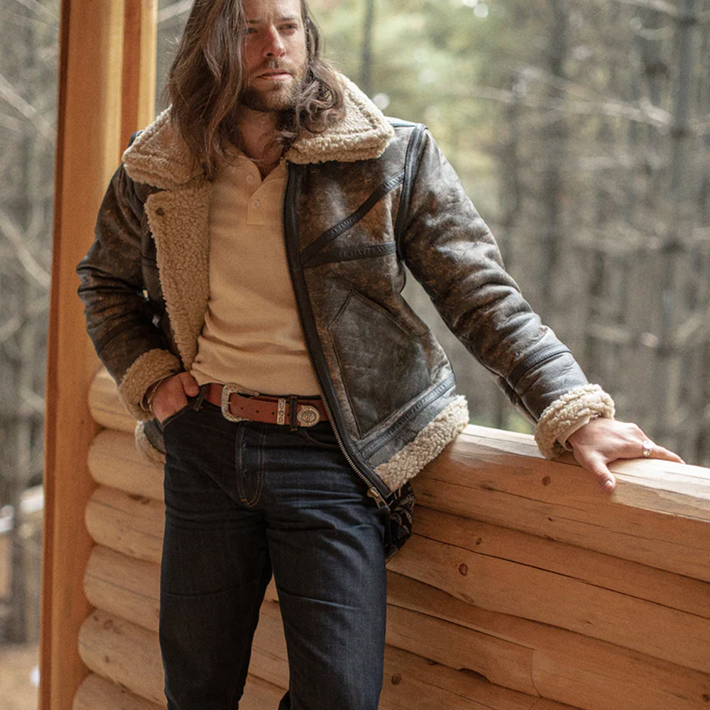 B3 "Canyon-Ridge" para hombre | Piel de oveja marrón clásica | Cazadora auténtica forrada de sherpa de doble cara | Prenda de piel de plena flor