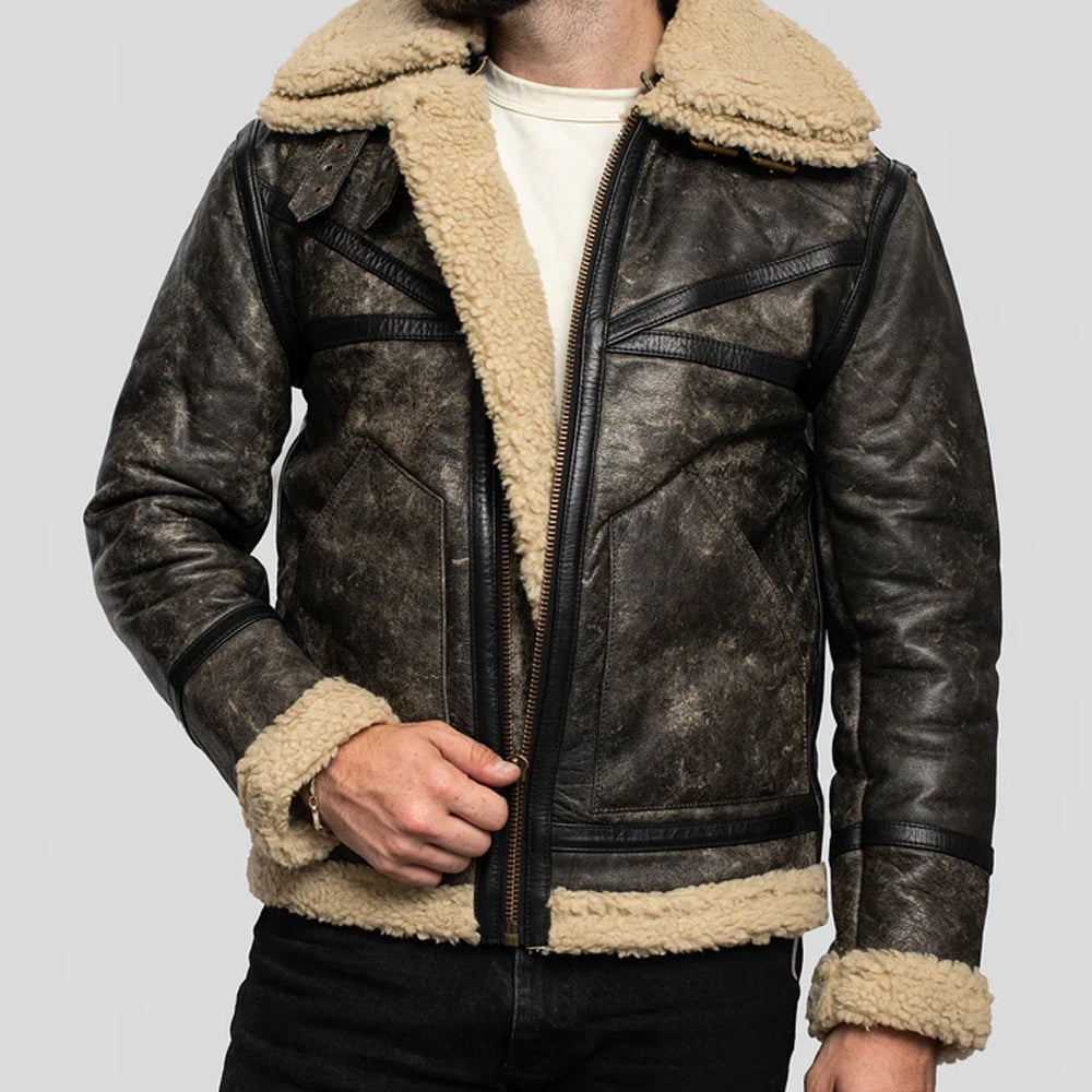 B3 "Canyon-Ridge" para hombre | Piel de oveja marrón clásica | Cazadora auténtica forrada de sherpa de doble cara | Prenda de piel de plena flor