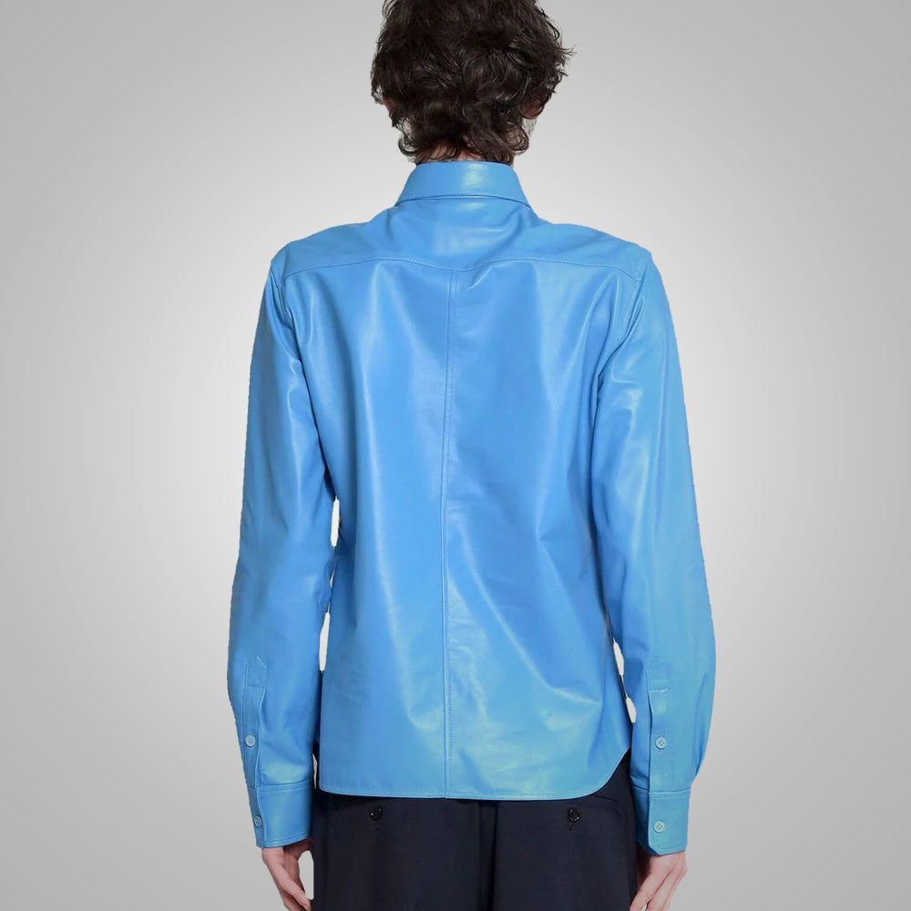 Camisa de cuero "Azure Horizon" para hombre | Piel de cordero premium azul cielo | Camisa de moda de manga larga de cuero genuino suave | Prenda de cuero de grano completo