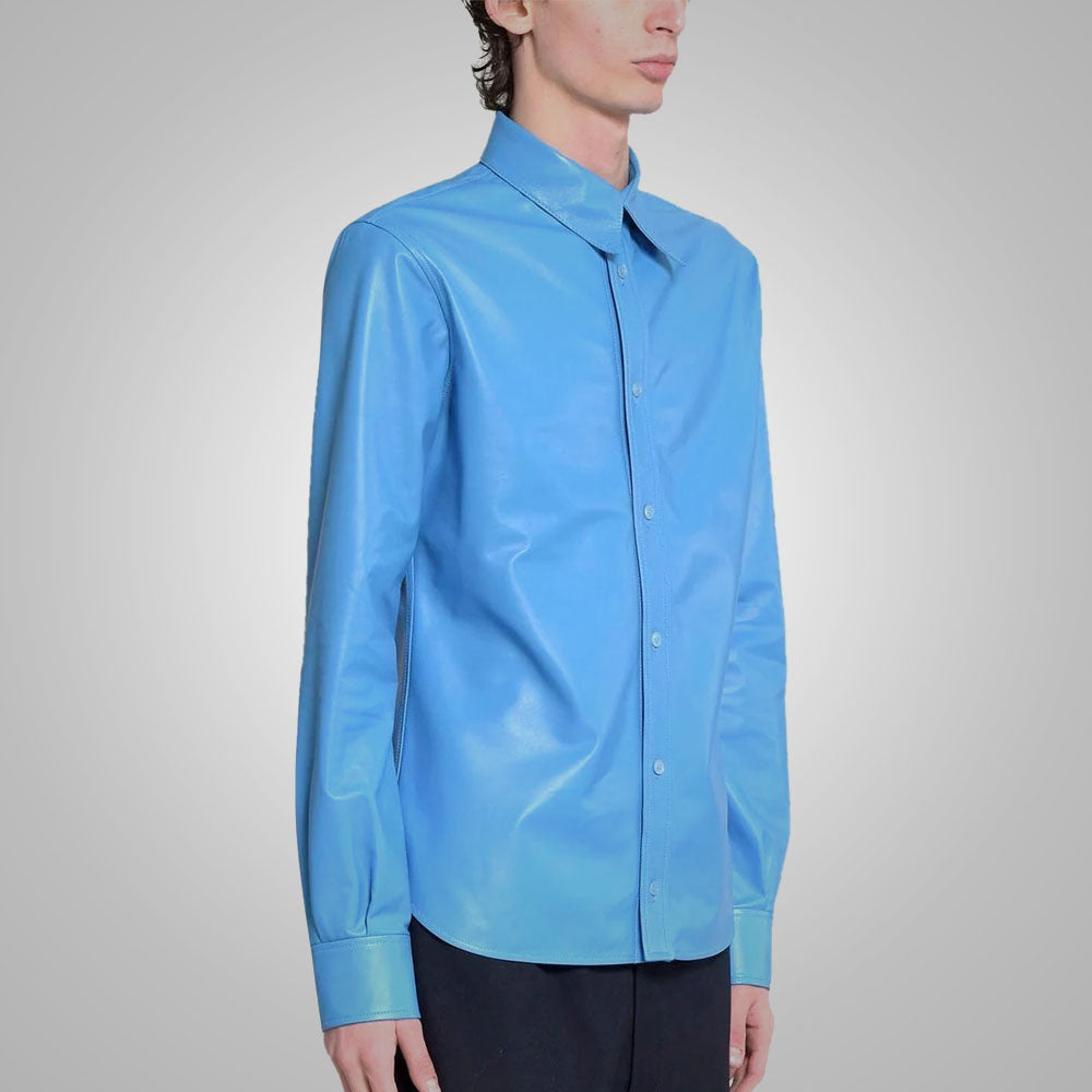 Camisa de cuero "Azure Horizon" para hombre | Piel de cordero premium azul cielo | Camisa de moda de manga larga de cuero genuino suave | Prenda de cuero de grano completo