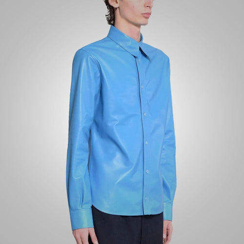 Camisa de cuero "Azure Horizon" para hombre | Piel de cordero premium azul cielo | Camisa de moda de manga larga de cuero genuino suave | Prenda de cuero de grano completo