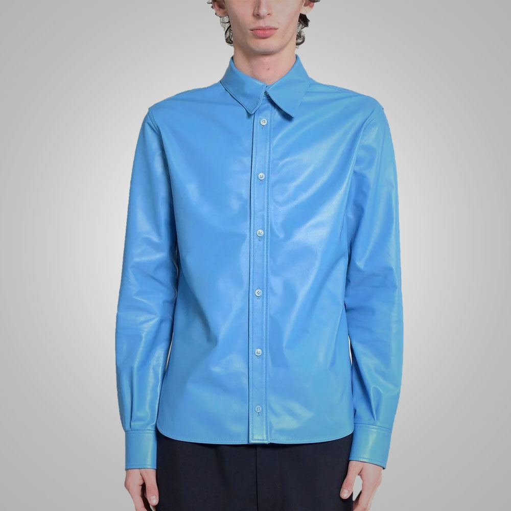 Camisa de cuero "Azure Horizon" para hombre | Piel de cordero premium azul cielo | Camisa de moda de manga larga de cuero genuino suave | Prenda de cuero de grano completo