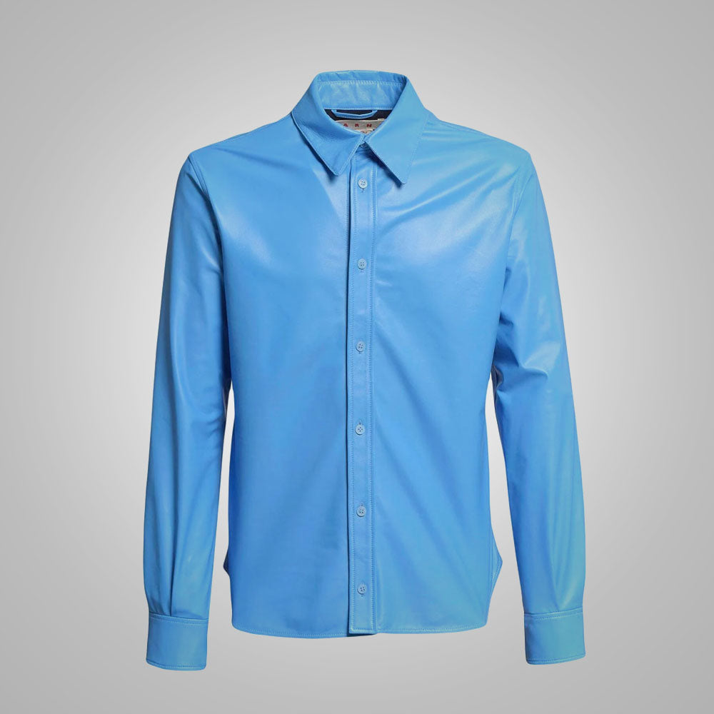 Men’s "Azure Horizon" Leather Shirt | Premium Sky Blue Lambskin | Genuine Soft Leather Full-Sleeve Fashion Top | Full Grain Apparel