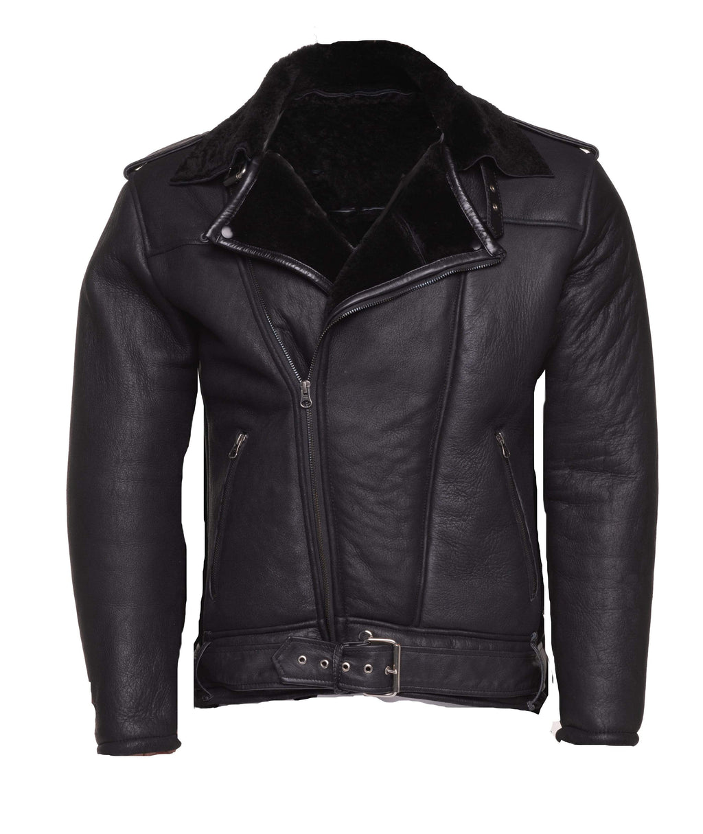 Men’s Black on Black Shearling Biker Jacket | Full Grain Apparel