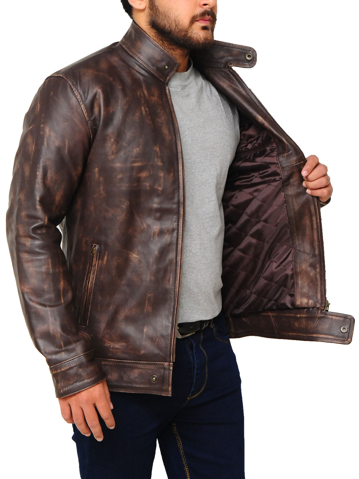 Men’s Distressed Brown Snap-Tab Leather Jacket | Minimalist Vintage Racer | Full Grain Apparel