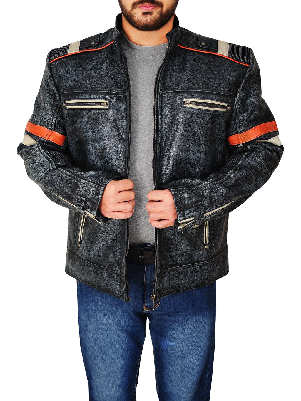 Men’s Distressed Black Cafe Racer Jacket | Vintage Moto Style | Full Grain Apparel