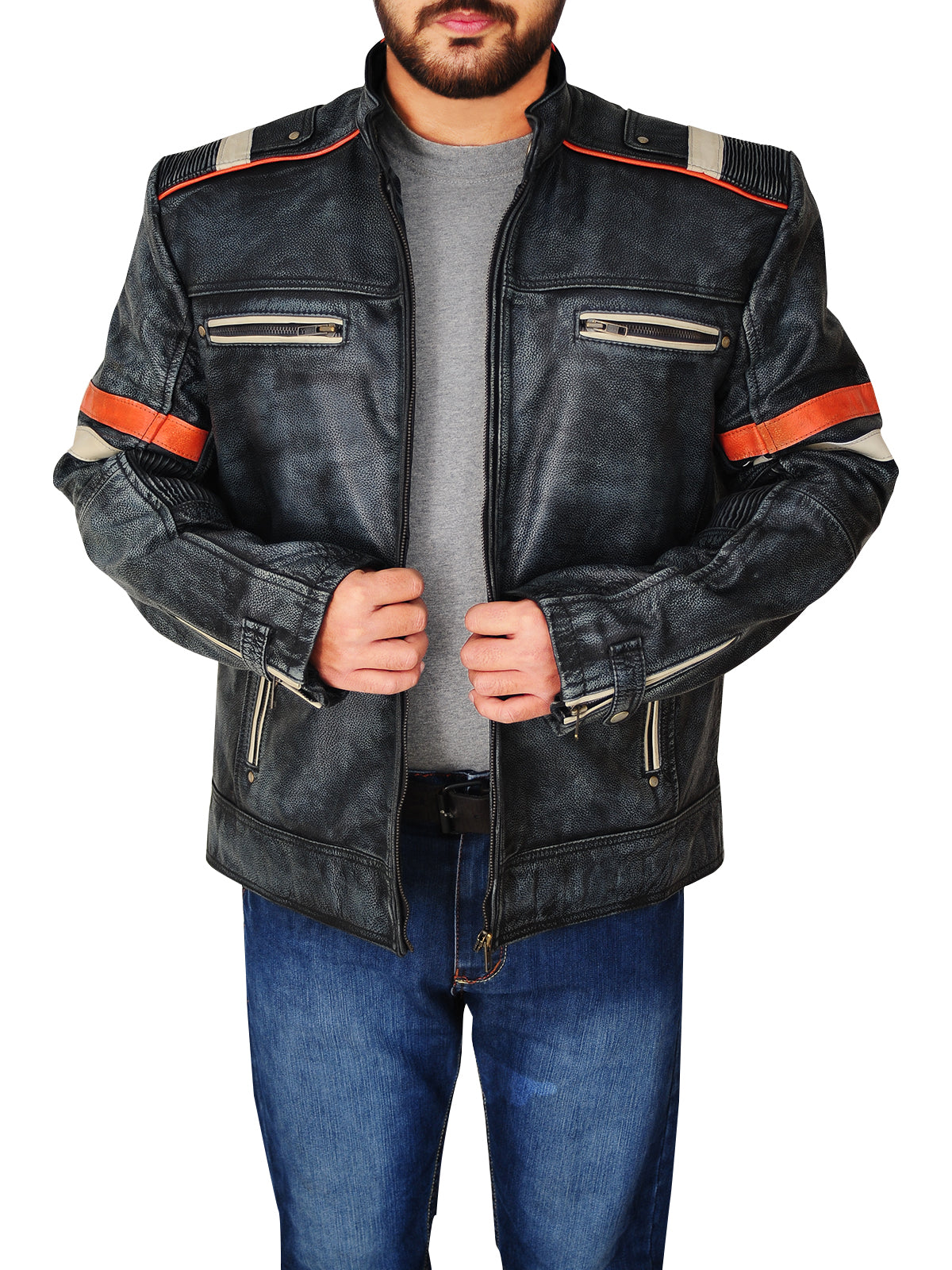 Men’s Distressed Black Cafe Racer Jacket | Vintage Moto Style | Full Grain Apparel
