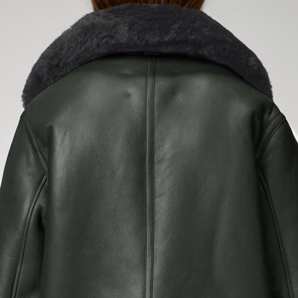 Women’s "Forest Aviator" RAF Styled Jacket | Emerald Lambskin & Black Shearling Bomber | Full Grain Apparel