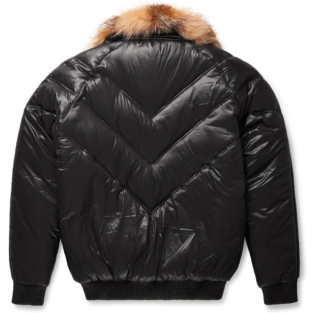 Nylon Black V-Bomber Jacket - Crystal Fox Fur Collar | Full Grain Apparel