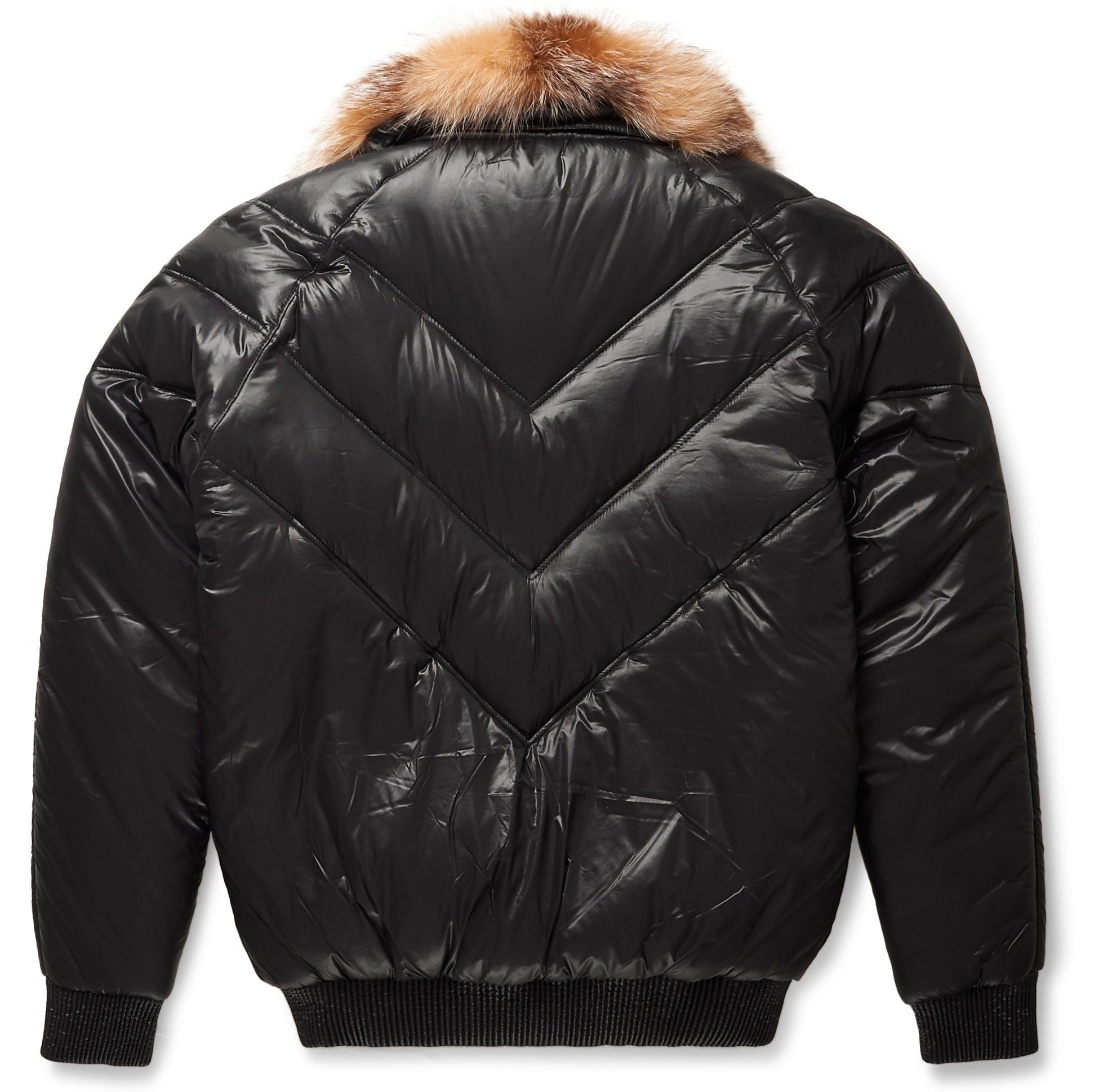 Cazadora bomber de nailon negro con cuello de piel de zorro de cristal | Full Grain Apparel