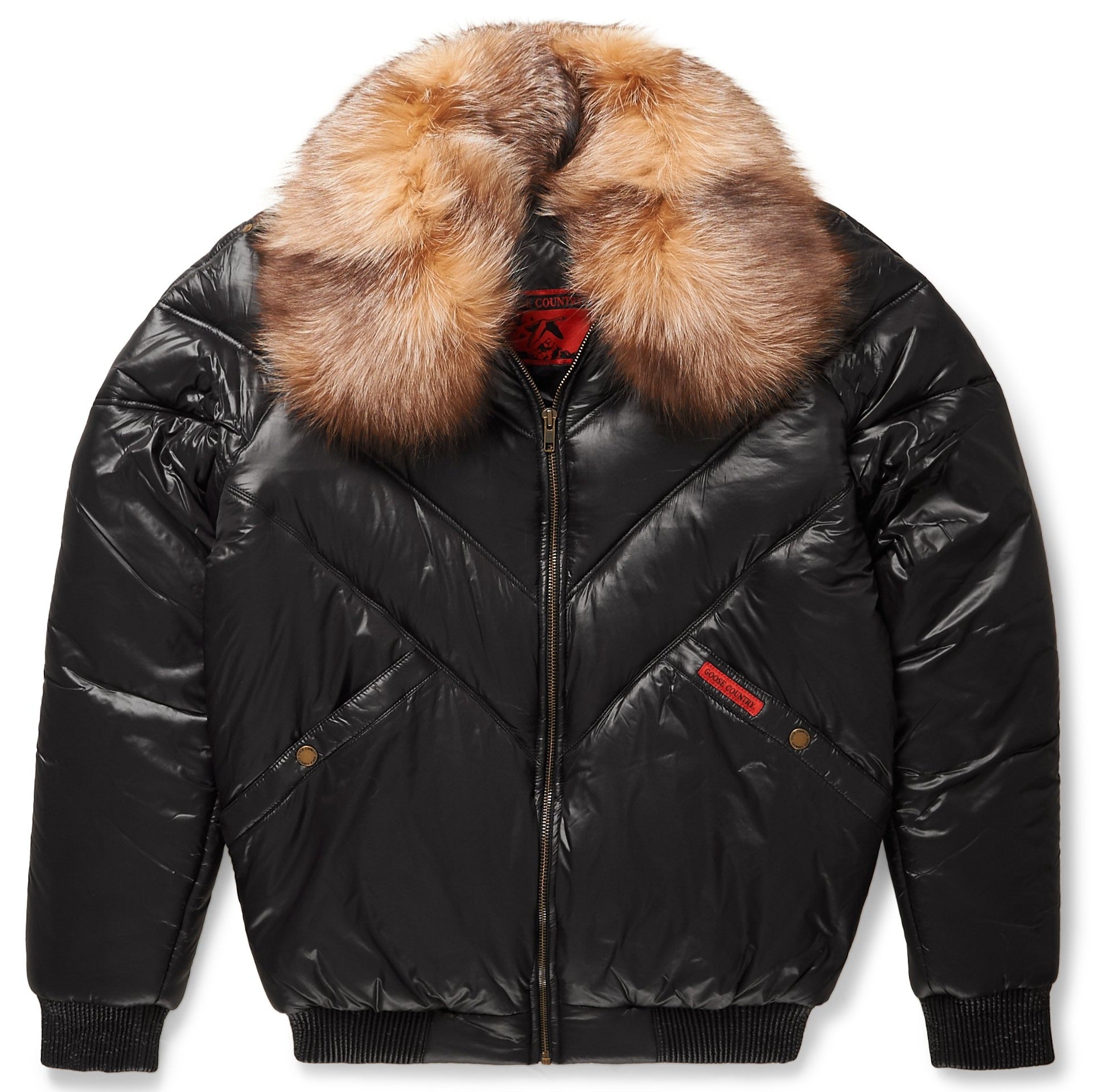 Nylon Black V-Bomber Jacket - Crystal Fox Fur Collar | Full Grain Apparel