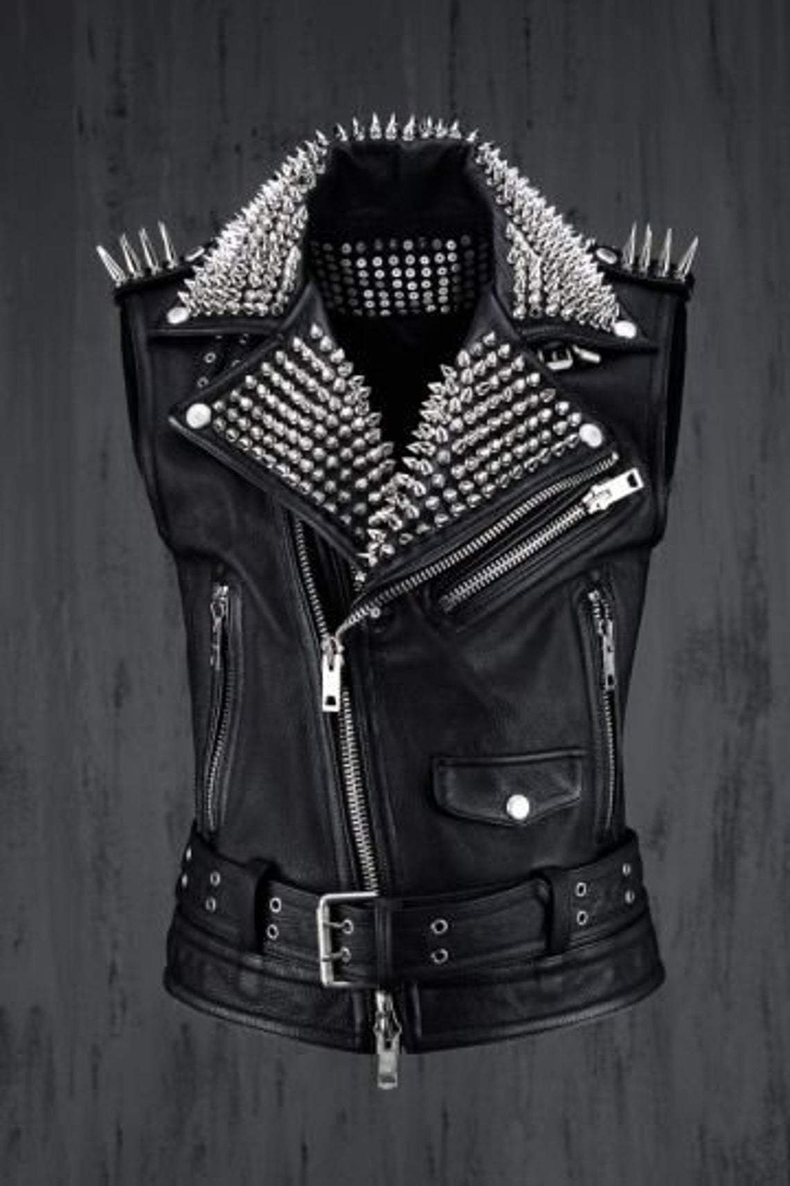 Men’s Black Punk Silver Spiked & Studded Leather Vest | Heavy Metal Rocker Gilet | Full Grain Apparel
