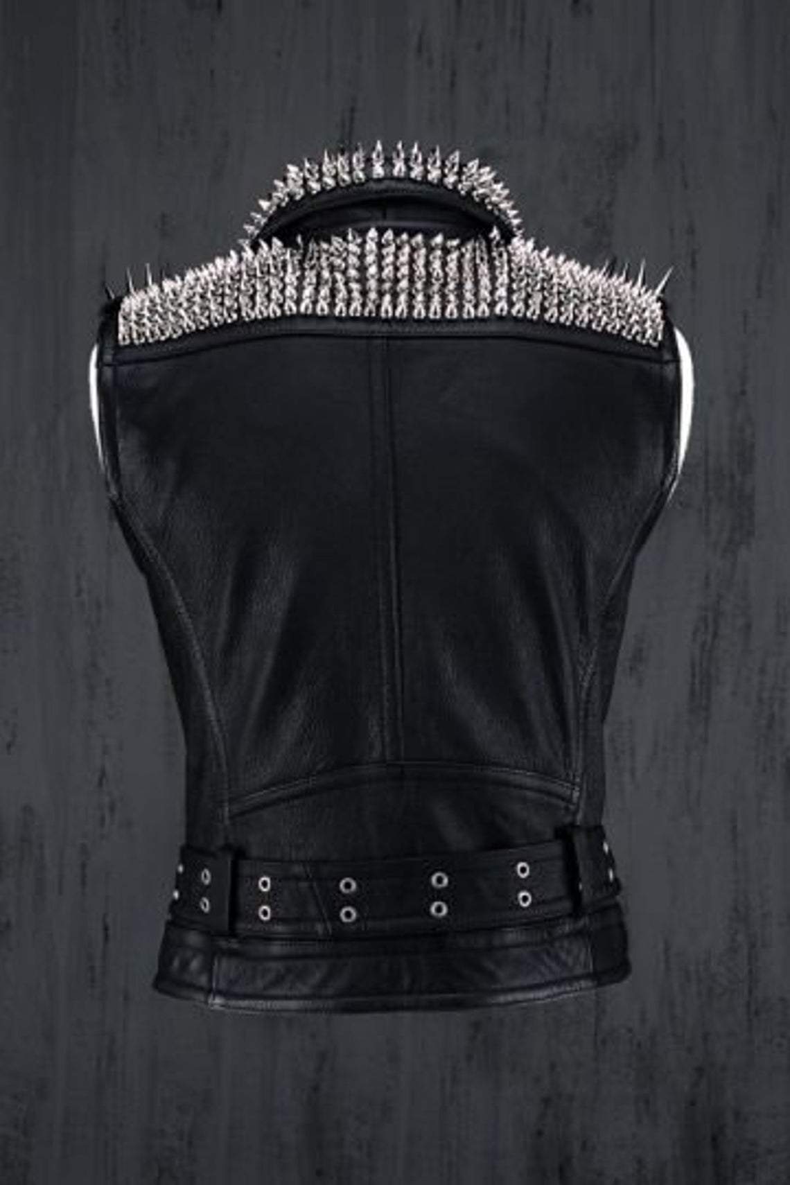 Men’s Black Punk Silver Spiked & Studded Leather Vest | Heavy Metal Rocker Gilet | Full Grain Apparel