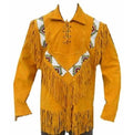 Men’s Western Cowboy Tan Suede Leather Jacket with Fringes | Full Grain Apparel