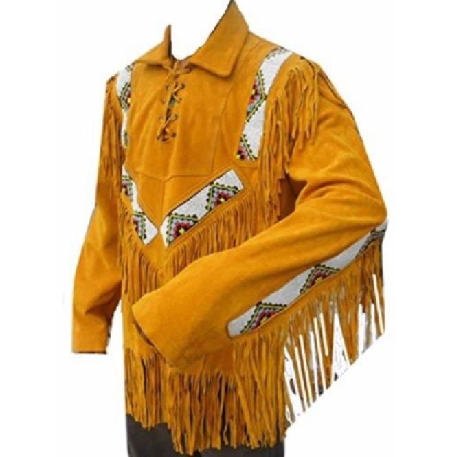 Men’s Western Cowboy Tan Suede Leather Jacket with Fringes | Full Grain Apparel