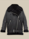Women’s Pitch Black B3 Shearling Leather Jacket | Elegant Winter Aviator Wear | Full Grain Apparel