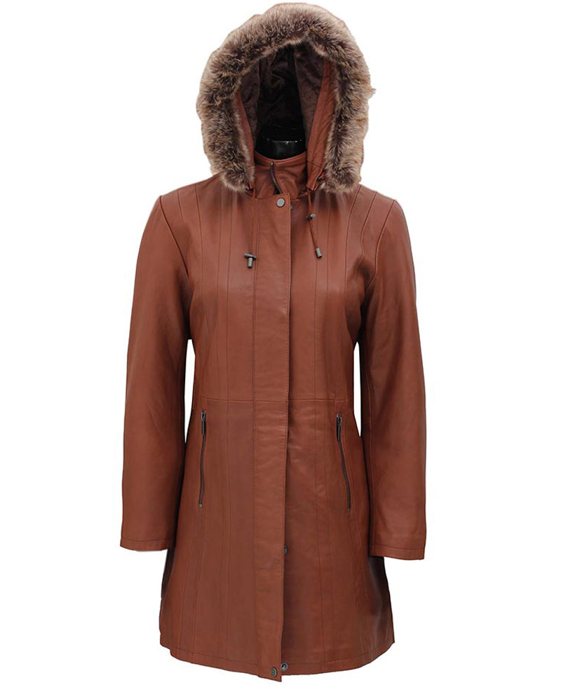 Women’s Brown Leather Coat | 3/4 Length with Removable Fur Hood | Full Grain Apparel