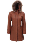 Women’s Brown Leather Coat | 3/4 Length with Removable Fur Hood | Full Grain Apparel