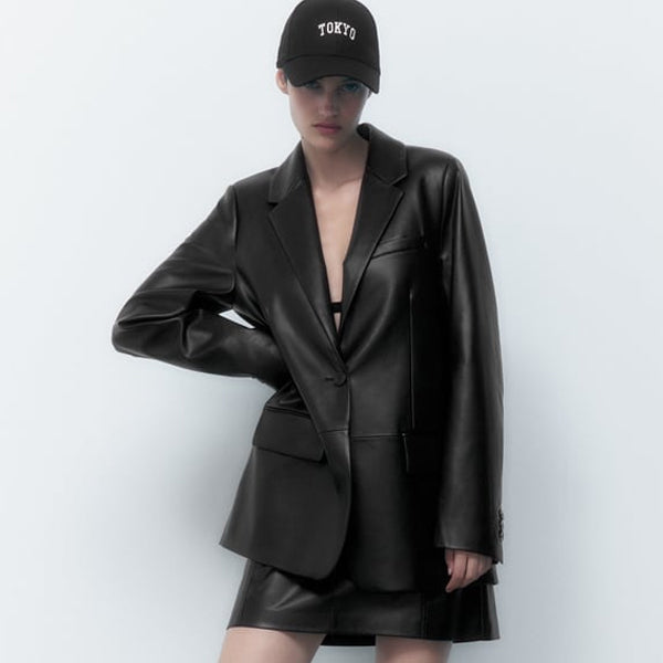 Blazer extragrande de piel "Shadow Noir" para mujer | Piel de cordero negra de primera calidad | Abrigo holgado estilo boyfriend | Prenda de piel de grano completo