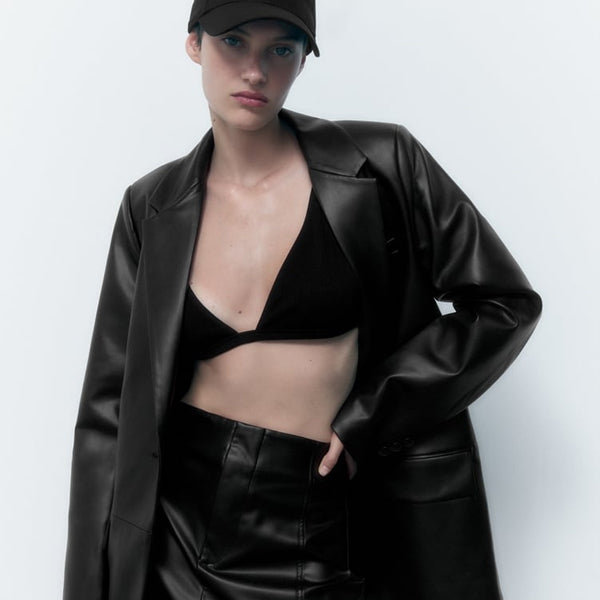 Blazer extragrande de piel "Shadow Noir" para mujer | Piel de cordero negra de primera calidad | Abrigo holgado estilo boyfriend | Prenda de piel de grano completo