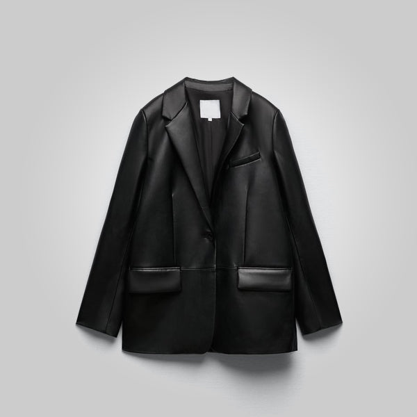 Women’s "Shadow Noir" Oversized Leather Blazer | Premium Black Lambskin | Relaxed Boyfriend Overcoat | Full Grain Apparel