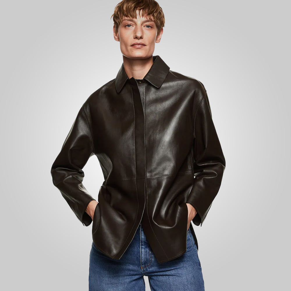 Women’s "Manhattan" Oversized Leather Shacket | Premium Espresso Lambskin | Relaxed Boyfriend Fit | Full Grain Apparel