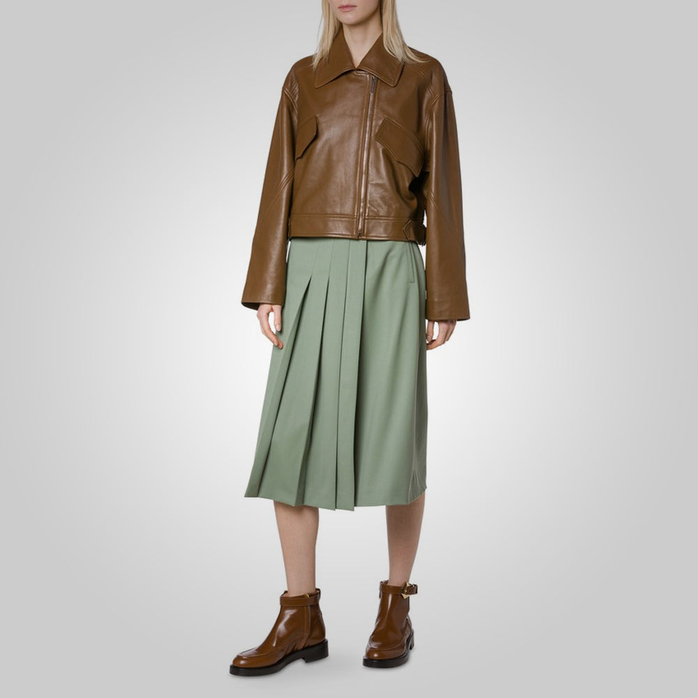 Women’s "Aria" Minimalist Leather Jacket | Genuine Espresso Lambskin | Pointed Collar Heritage Jacket | Full Grain Apparel