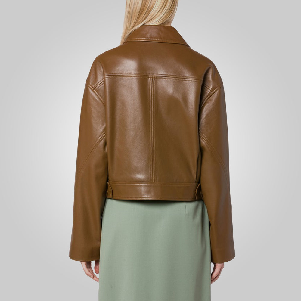 Women’s "Aria" Minimalist Leather Jacket | Genuine Espresso Lambskin | Pointed Collar Heritage Jacket | Full Grain Apparel