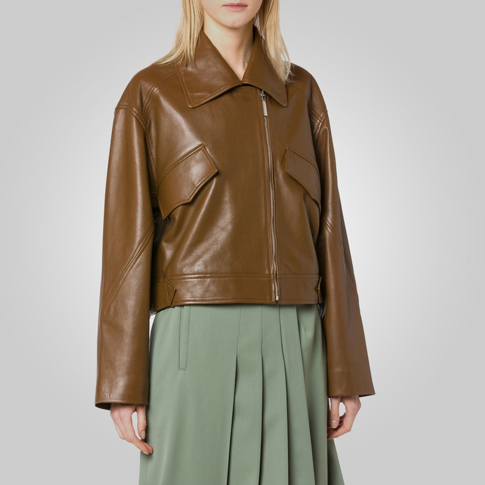 Women’s "Aria" Minimalist Leather Jacket | Genuine Espresso Lambskin | Pointed Collar Heritage Jacket | Full Grain Apparel