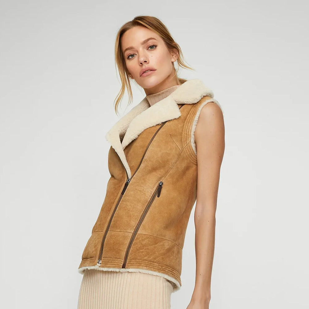 Women’s "Autumn Ridge" Vest | Premium Brown Sheepskin | Genuine Shearling Leather Waistcoat | Full Grain Apparel