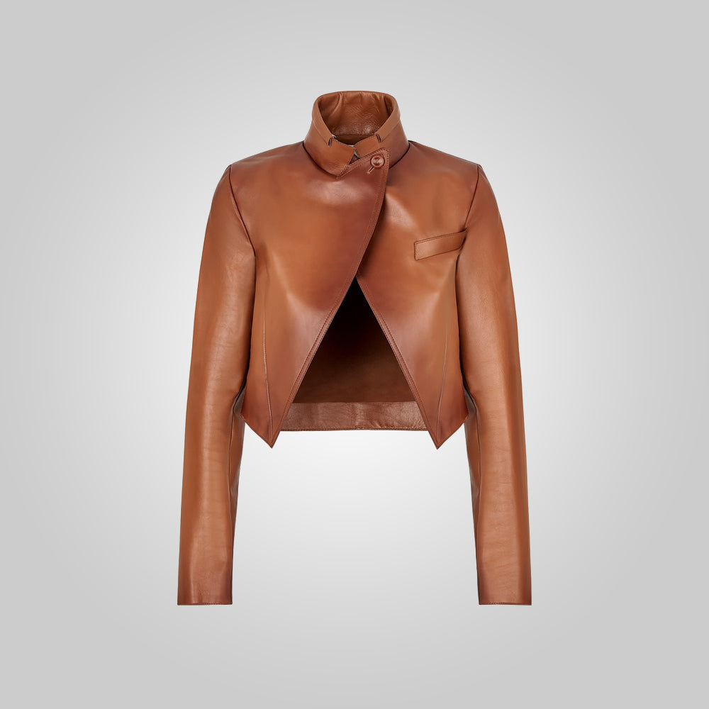 Women’s "Luna" Cropped Moto Jacket | Premium Cognac Goatskin | High-Rise Tailored Leather Biker | Full Grain Apparel